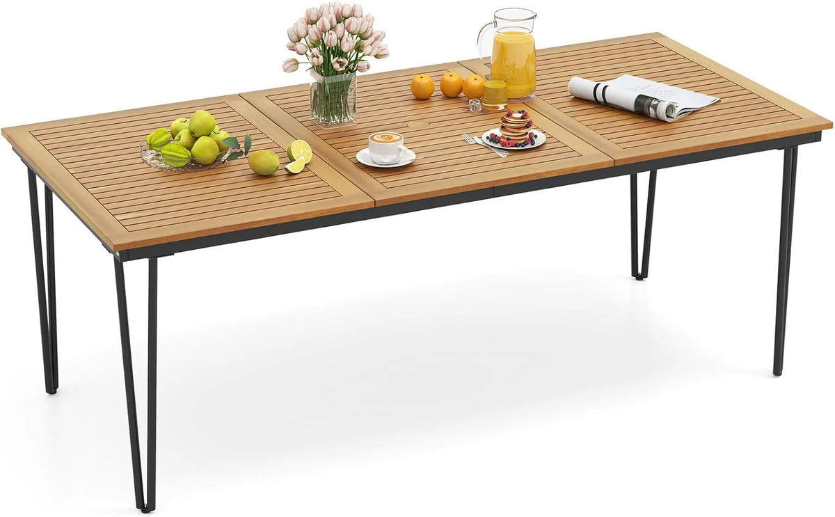 RELAX4LIFE Wooden Outdoor Dining Table for 8, 79" Rectangular Table w/Acacia Wood Slatted Top, Umbrella Hole & Metal Legs, Indoor Outdoor Bistro Table for Porch Garden, 8-Person Patio Dining Table