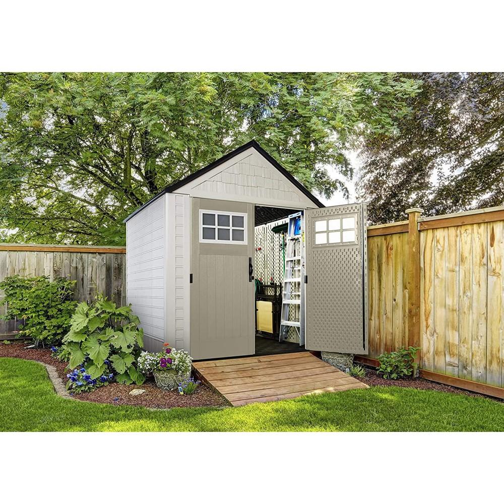 Rubbermaid 7�7 Ft Durable Weather Resistant Resin Outdoor Garden Storage Shed with Windows and Utility Hooks, Sand