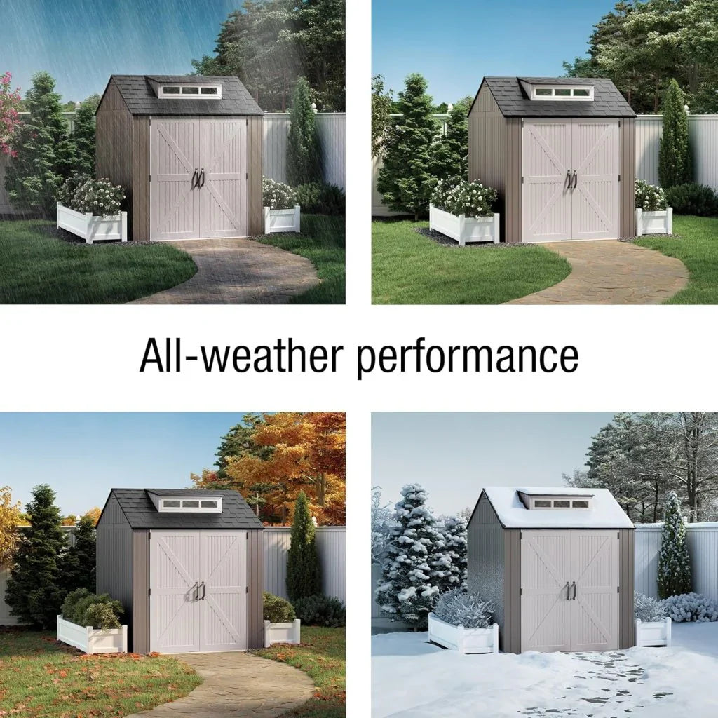 Rubbermaid Resin Outdoor Storage Shed With Floor (7 x 7 Ft) Weather Resistant Gray Organization for Home/Backyard/Garden Tools/Lawn Mower/Bike Storage/Pool Supplies