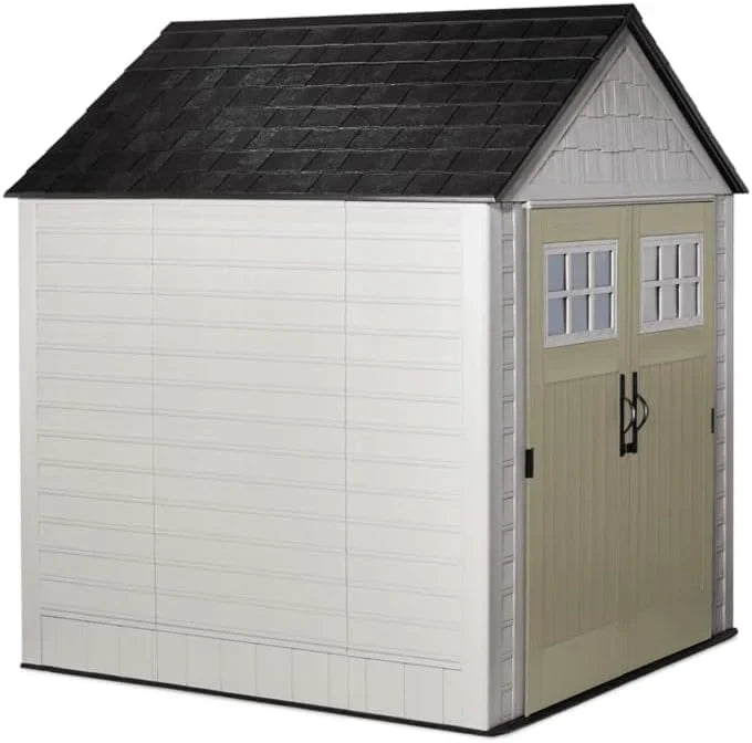 Rubbermaid Resin Outdoor Storage Shed With Floor (7 x 7 Ft) Weather Resistant Gray Organization for Home/Backyard/Garden Tools/Lawn Mower/Bike Storage/Pool Supplies