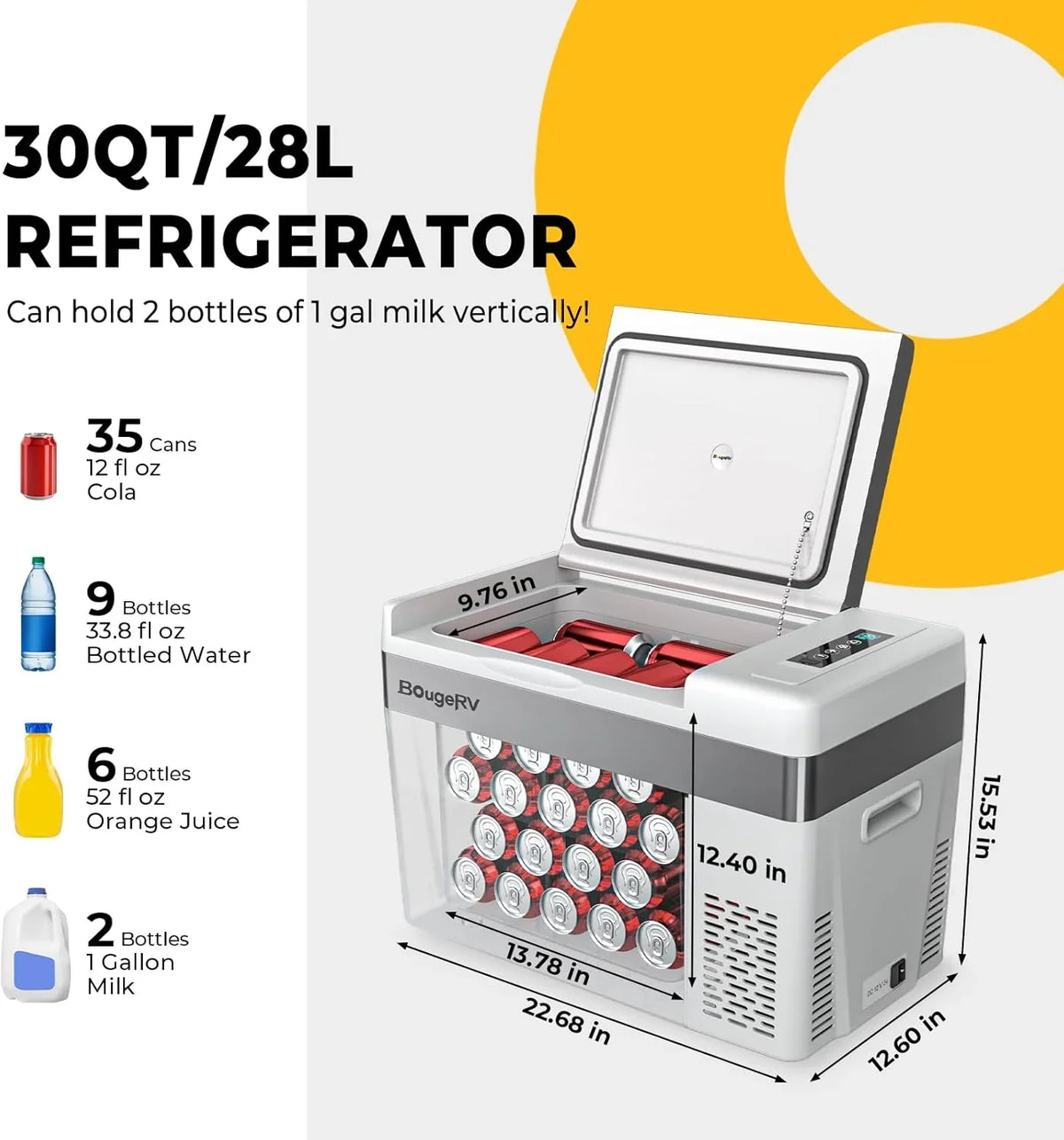 BougeRV 12 Volt Refrigerator 12V Car Fridge 23 Quart Portable Freezer Compressor Cooler 12/24V DC 110~240 Volt AC for Truck Van RV Camper SUV Travel Camping Road Trips Tailgating -7��~50��