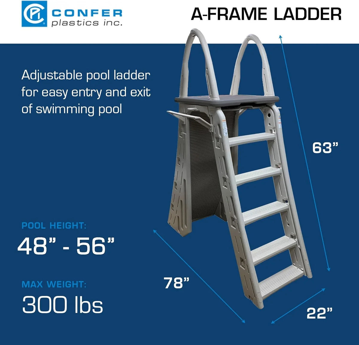 Confer Plastics 7200 Roll Guard 48" to 56" Adjustable A Frame Safety Ladder for Above Ground Outdoor Patio Swimming Pool Platform Ladder with Step Barrier, Warm Grey��