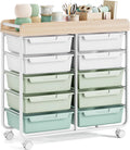 Rolling Storage Cart with 10 Large Drawers, Utility Cart with Wooden TableTop for Craft Organizers, Art Supply Storage, Home Office Organization, Cart with Wheels for Classroom, School, Green