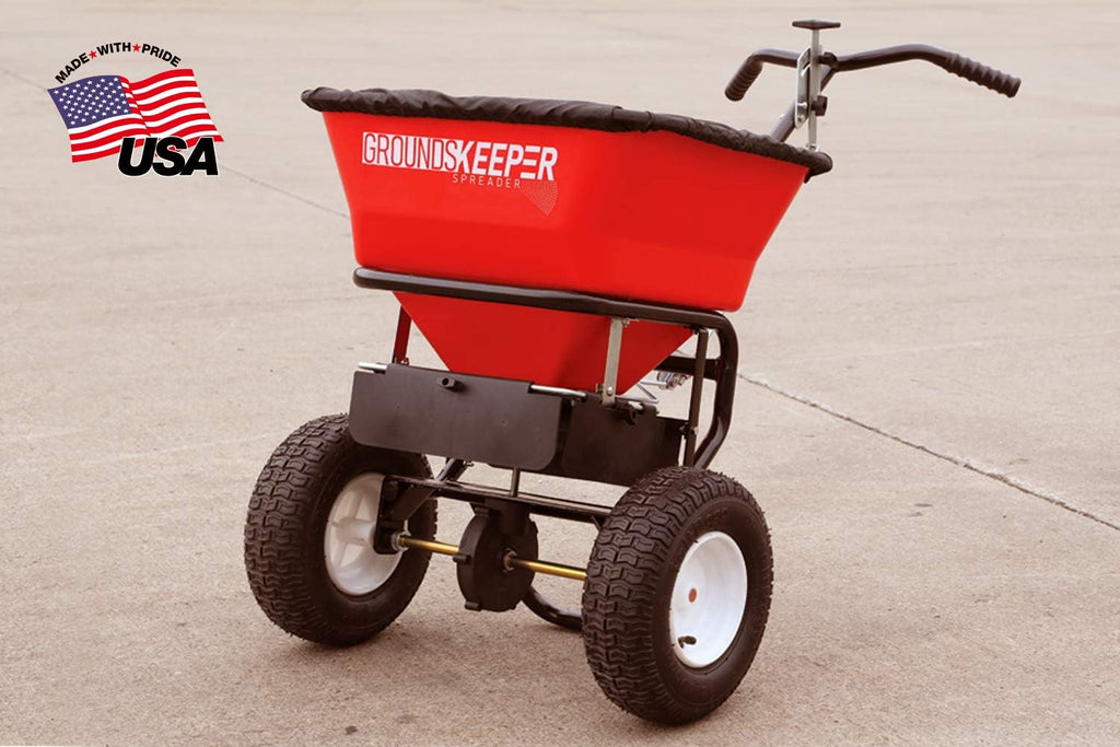 Walk Behind Push Spreader, 100lb Capacity, For Salt, Ice & Snow Melt, Included Grate & Cover With Enclosed Gearbox for Protection.