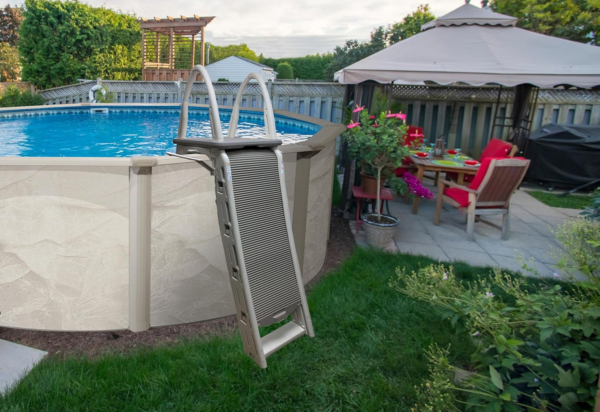 Confer Plastics 7200 Roll Guard 48" to 56" Adjustable A Frame Safety Ladder for Above Ground Outdoor Patio Swimming Pool Platform Ladder with Step Barrier, Warm Grey��