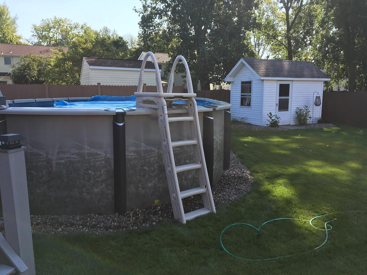 Confer Plastics 7200 Roll Guard 48" to 56" Adjustable A Frame Safety Ladder for Above Ground Outdoor Patio Swimming Pool Platform Ladder with Step Barrier, Warm Grey��
