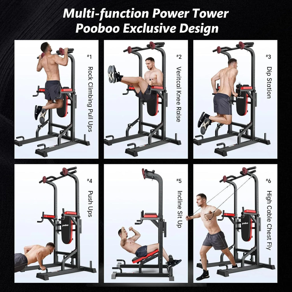 Pooboo Power Tower Dip Station, Pull-Up Bar, Supine Board, Adjustable