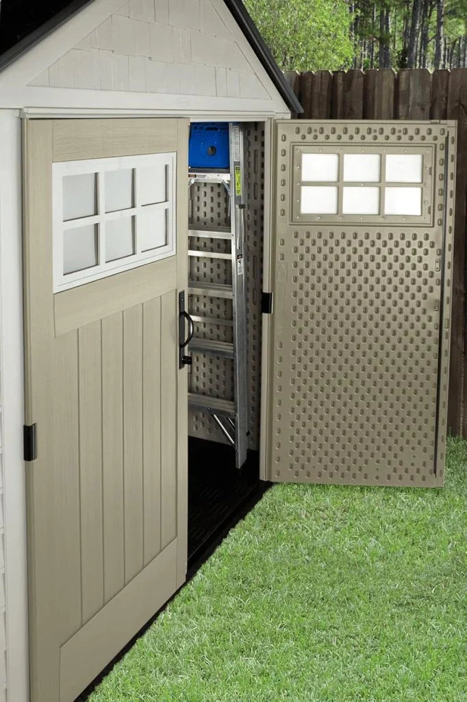 Rubbermaid Resin Outdoor Storage Shed With Floor (7 x 7 Ft) Weather Resistant Gray Organization for Home/Backyard/Garden Tools/Lawn Mower/Bike Storage/Pool Supplies