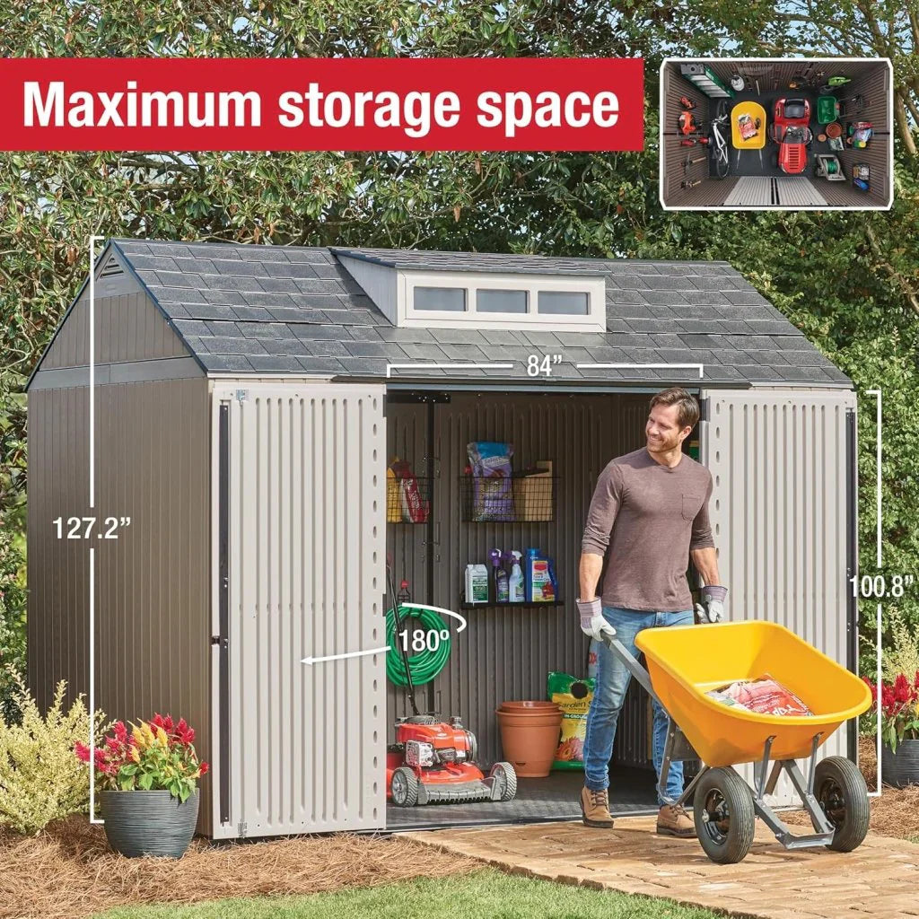 Rubbermaid Resin Outdoor Storage Shed With Floor (7 x 7 Ft) Weather Resistant Gray Organization for Home/Backyard/Garden Tools/Lawn Mower/Bike Storage/Pool Supplies