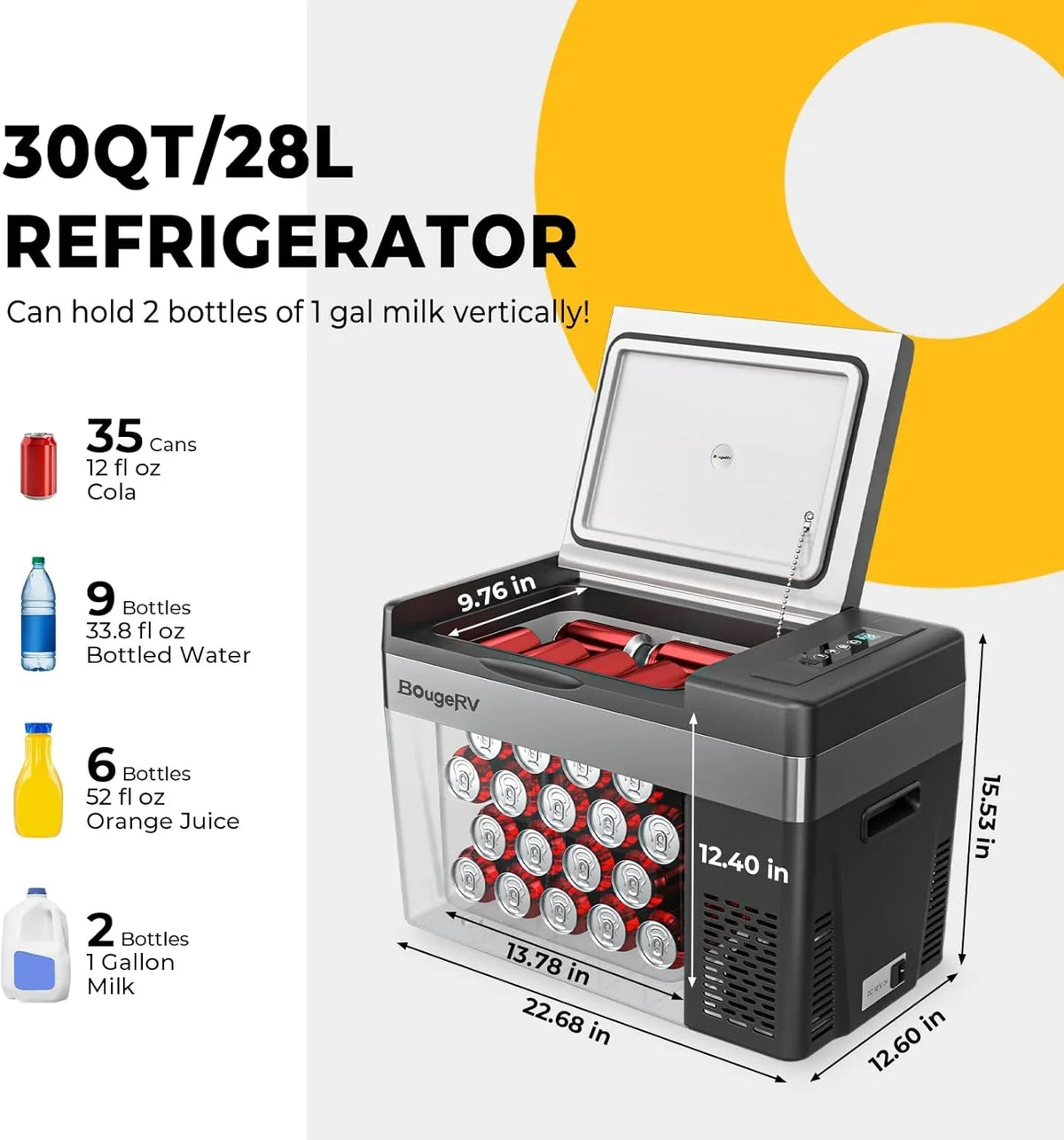 BougeRV 12 Volt Refrigerator 12V Car Fridge 23 Quart Portable Freezer Compressor Cooler 12/24V DC 110~240 Volt AC for Truck Van RV Camper SUV Travel Camping Road Trips Tailgating -7��~50��