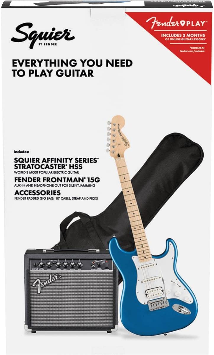 Squier by Fender Affinity Series Stratocaster Pack, HSS, Maple Fingerboard, Lake Placid Blue