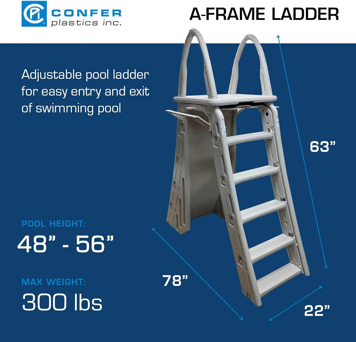Confer Plastics 7200 Roll Guard 48" to 56" Adjustable A Frame Safety Ladder for Above Ground Outdoor Patio Swimming Pool Platform Ladder with Step Barrier, Warm Grey��