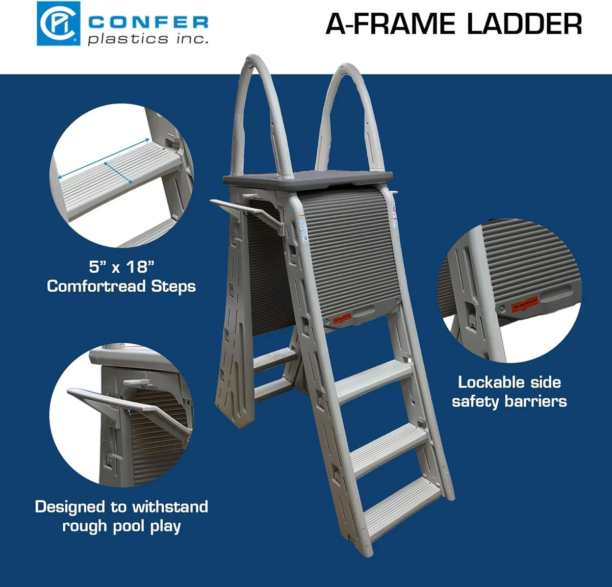 Confer Plastics 7200 Roll Guard 48" to 56" Adjustable A Frame Safety Ladder for Above Ground Outdoor Patio Swimming Pool Platform Ladder with Step Barrier, Warm Grey��