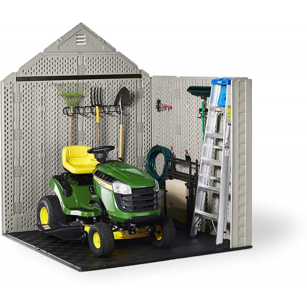 Rubbermaid 7�7 Ft Durable Weather Resistant Resin Outdoor Garden Storage Shed with Windows and Utility Hooks, Sand