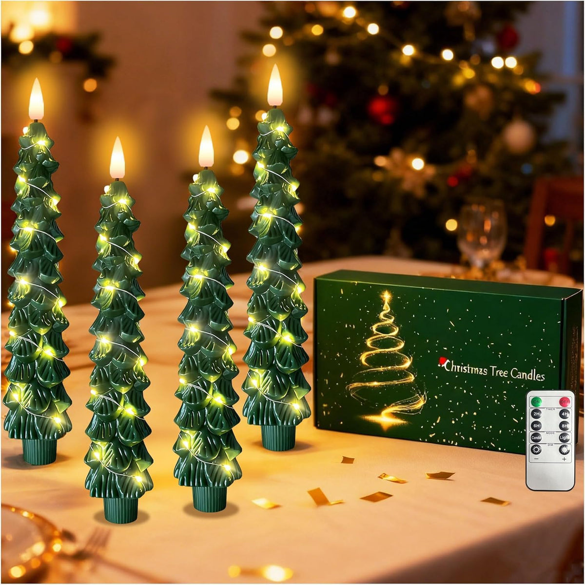 QVAIVE Christmas tree flameless LED candles with string lights - set of 4