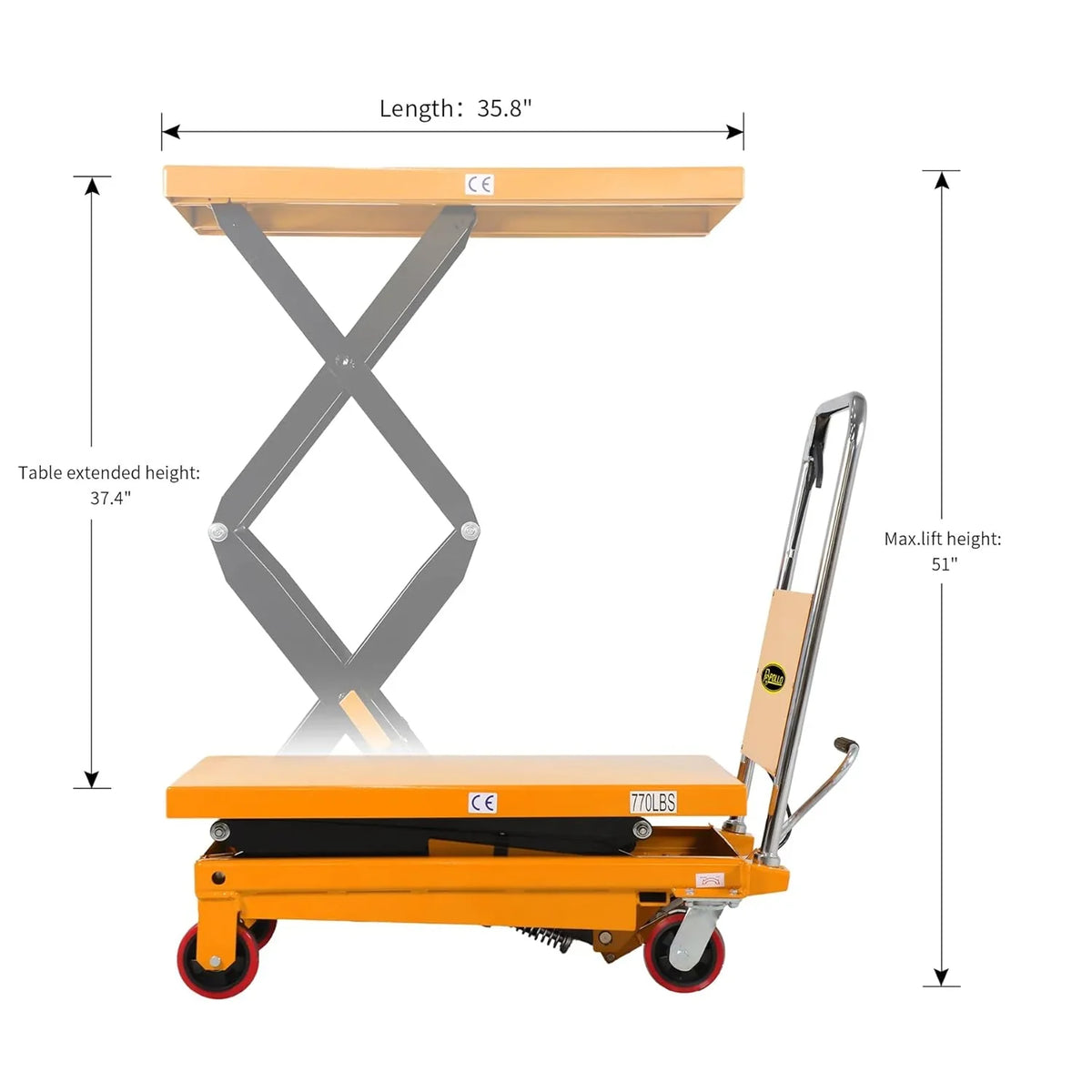APOLLOLIFT Hydraulic Lift Table Cart �� 770 lbs Capacity, 51" Max Height, Double Scissor Lift with Safety Guard & 4 Wheels