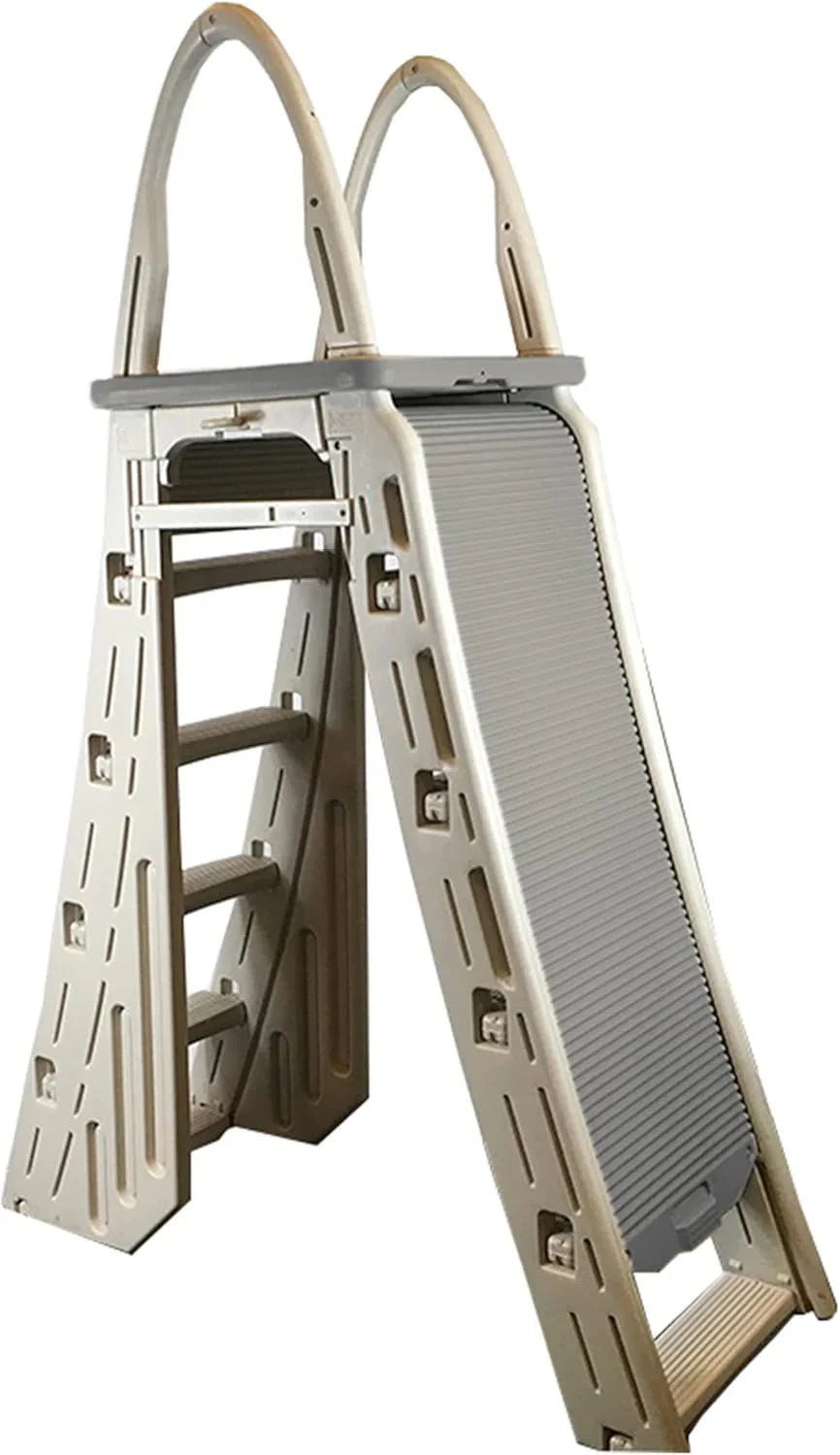 Confer Plastics 7200 Roll Guard 48" to 56" Adjustable A Frame Safety Ladder for Above Ground Outdoor Patio Swimming Pool Platform Ladder with Step Barrier, Warm Grey��