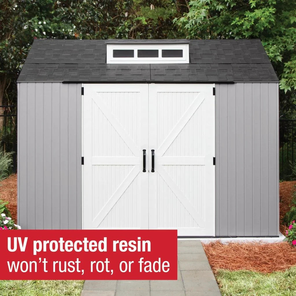 Rubbermaid Resin Outdoor Storage Shed With Floor (7 x 7 Ft) Weather Resistant Gray Organization for Home/Backyard/Garden Tools/Lawn Mower/Bike Storage/Pool Supplies