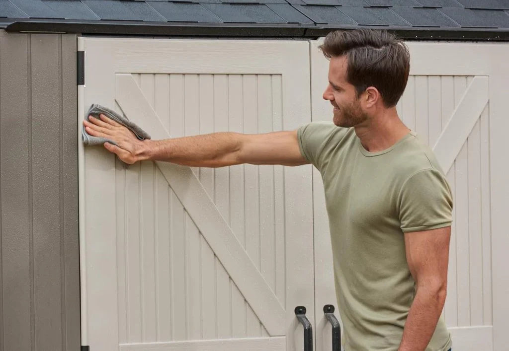 Rubbermaid Resin Outdoor Storage Shed With Floor (7 x 7 Ft) Weather Resistant Gray Organization for Home/Backyard/Garden Tools/Lawn Mower/Bike Storage/Pool Supplies