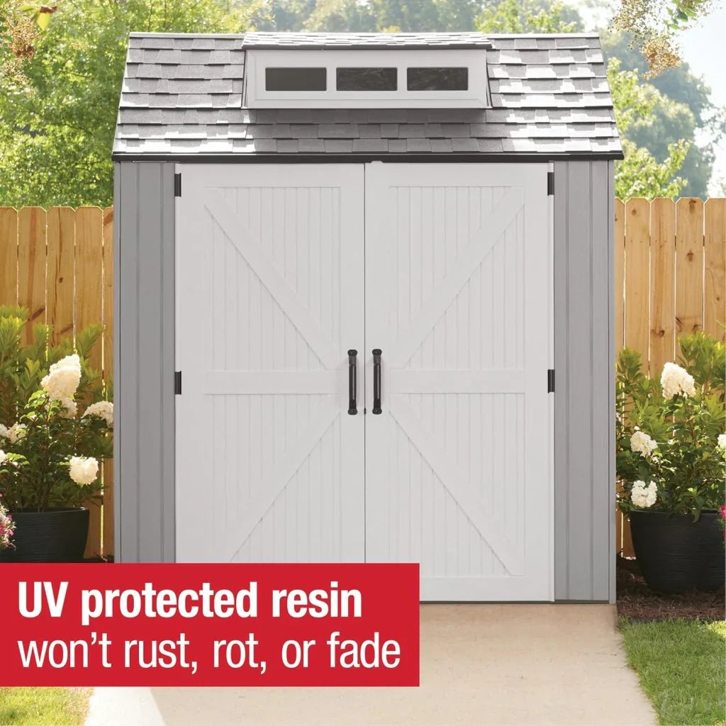 Rubbermaid Resin Outdoor Storage Shed With Floor (7 x 7 Ft) Weather Resistant Gray Organization for Home/Backyard/Garden Tools/Lawn Mower/Bike Storage/Pool Supplies