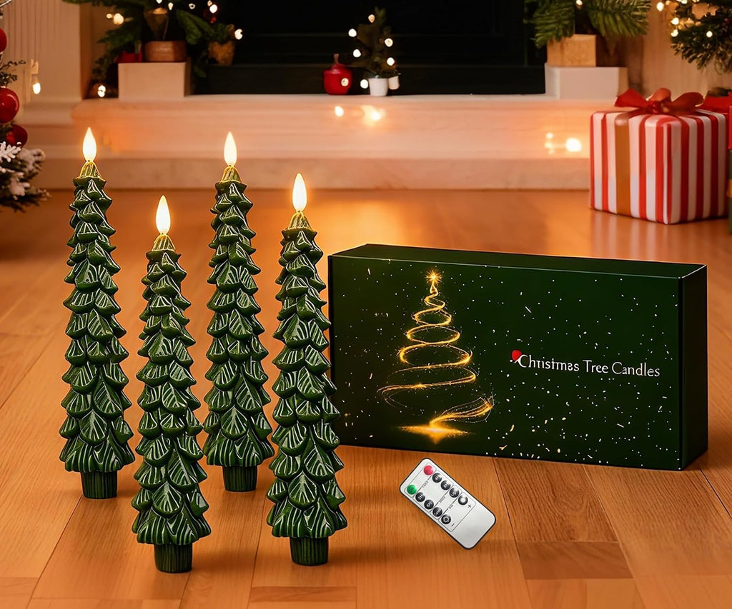 QVAIVE Christmas tree flameless taper candles with remote - set of 4