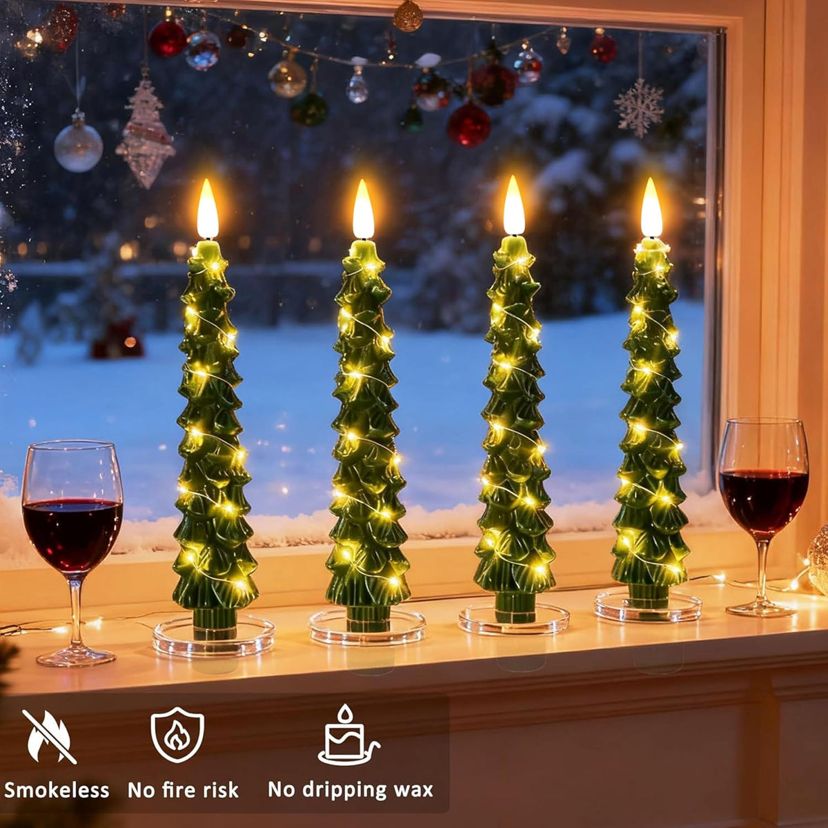 QVAIVE Christmas tree flameless LED candles with string lights - set of 4