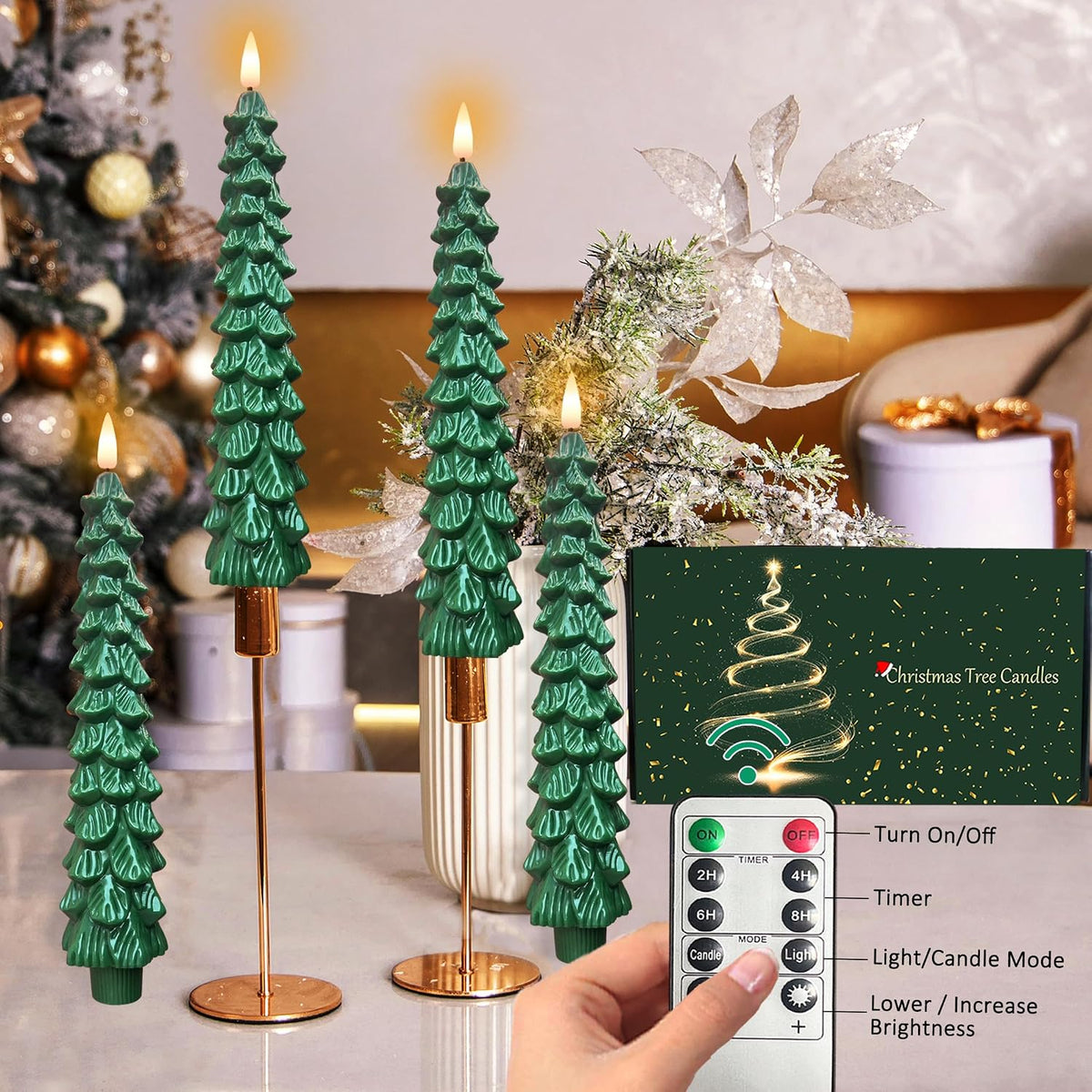 QVAIVE Christmas tree flameless taper candles with remote - set of 4