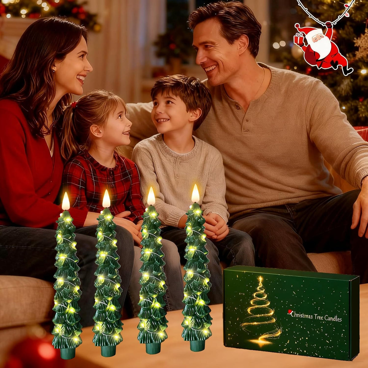 QVAIVE Christmas tree flameless LED candles with string lights - set of 4