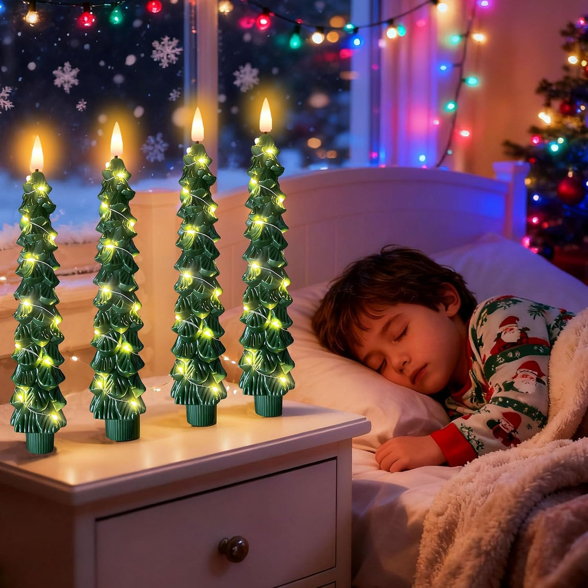 QVAIVE Christmas tree flameless LED candles with string lights - set of 4