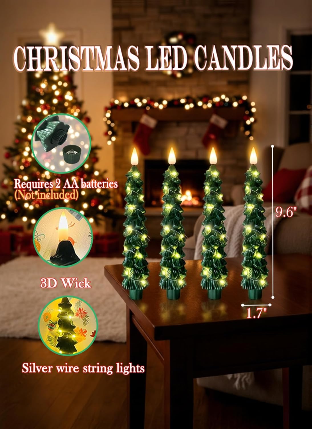 QVAIVE Christmas tree flameless LED candles with string lights - set of 4