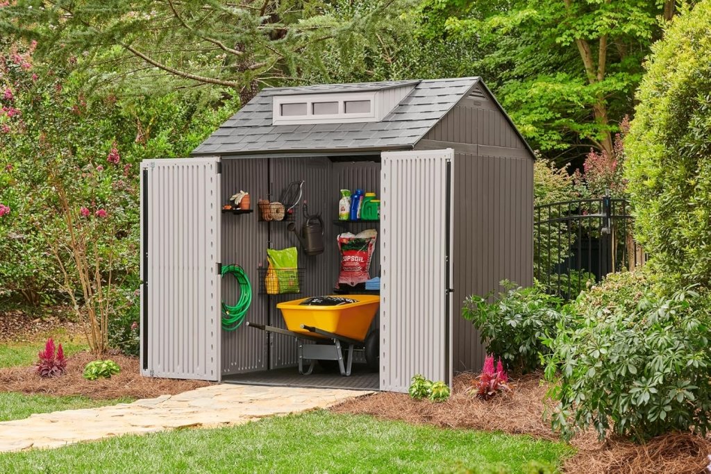 Rubbermaid Resin Outdoor Storage Shed With Floor (7 x 7 Ft) Weather Resistant Gray Organization for Home/Backyard/Garden Tools/Lawn Mower/Bike Storage/Pool Supplies