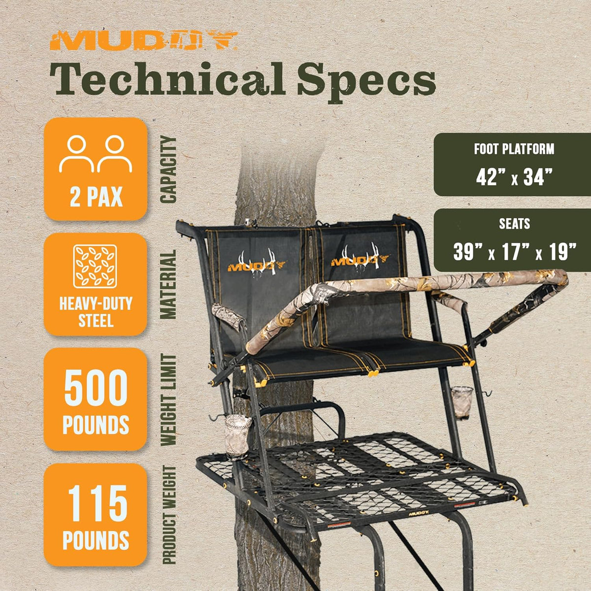 MUDDY Nexus XTL Ladder Tree Stand, 20ft, 500lb Capacity, 2-Person
