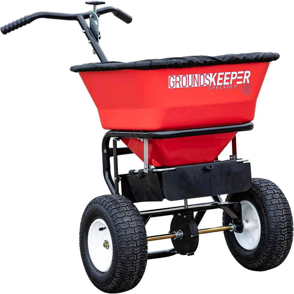 Walk Behind Push Spreader, 100lb Capacity, For Salt, Ice & Snow Melt, Included Grate & Cover With Enclosed Gearbox for Protection.