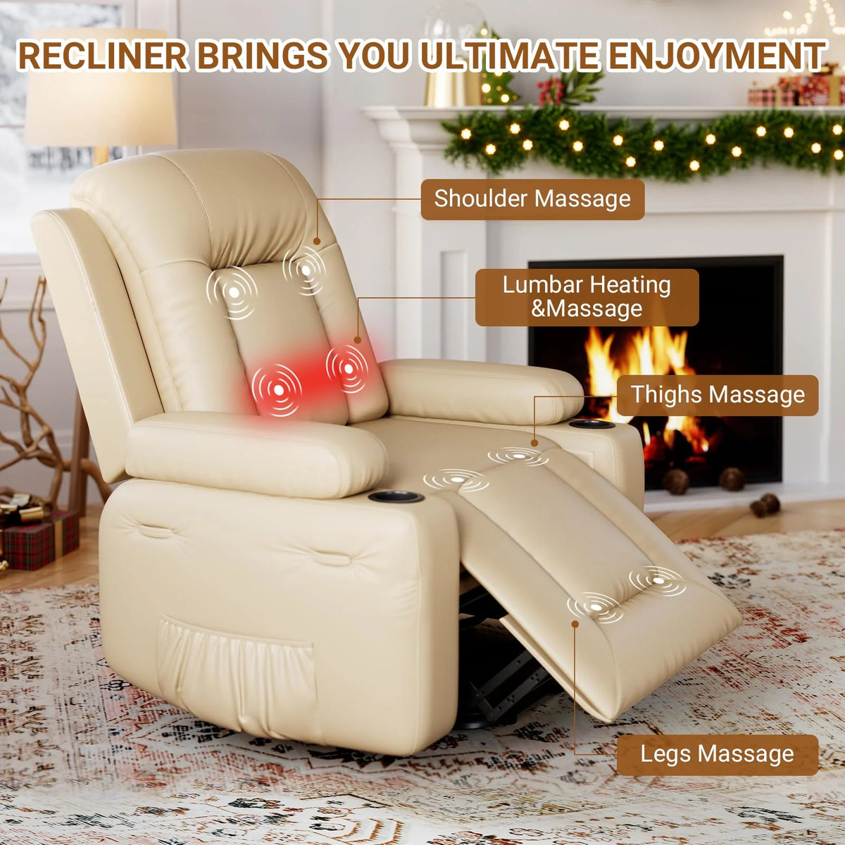 PU Leather Power Lift Recliner Chair With Massage and Heat, Adjustable Furniture for Back, Legs w/ 3 Positions, Usb Port, Side Pocket (Beige, 27 Seat Width+Cup Holders)