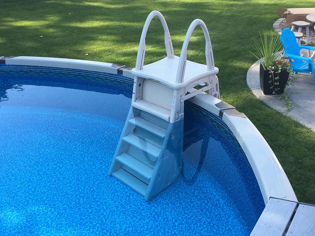 Confer Plastics 7200 Roll Guard 48" to 56" Adjustable A Frame Safety Ladder for Above Ground Outdoor Patio Swimming Pool Platform Ladder with Step Barrier, Warm Grey��