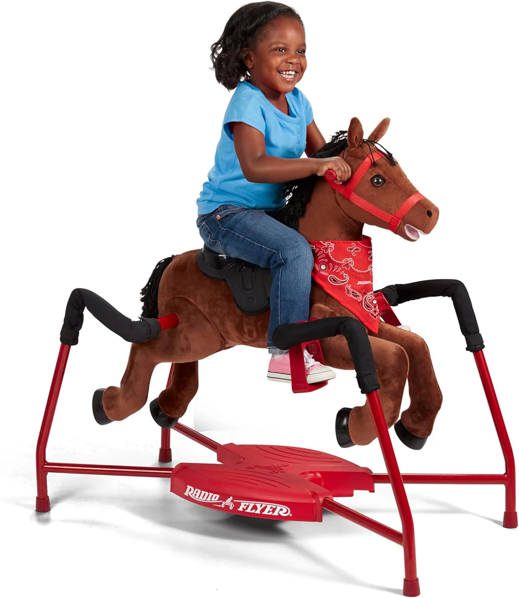 Brown plush interactive riding horse
