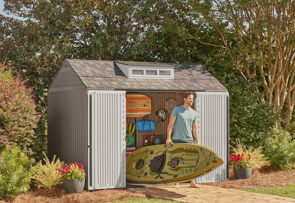 Rubbermaid Resin Outdoor Storage Shed With Floor (7 x 7 Ft) Weather Resistant Gray Organization for Home/Backyard/Garden Tools/Lawn Mower/Bike Storage/Pool Supplies