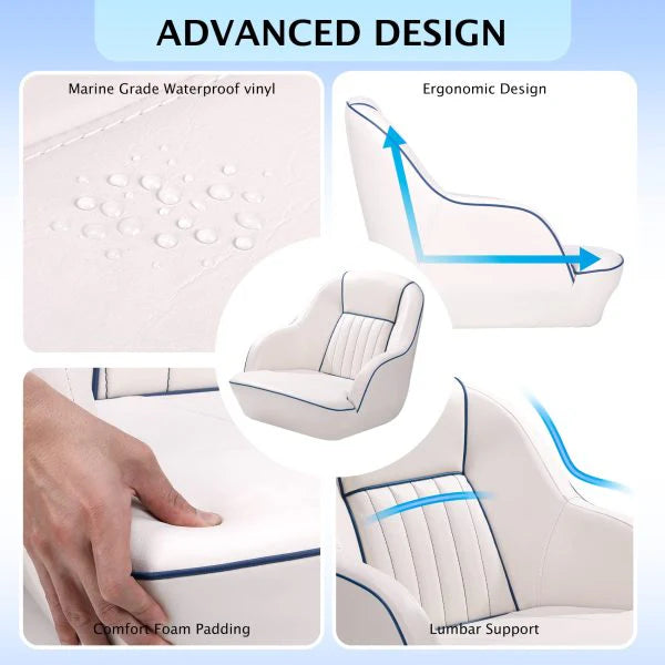 Pontoon Boat Seat, Captains Bucket Boat Seat, Back Folding Boat, Boat Cabin Seating �� White & Blue