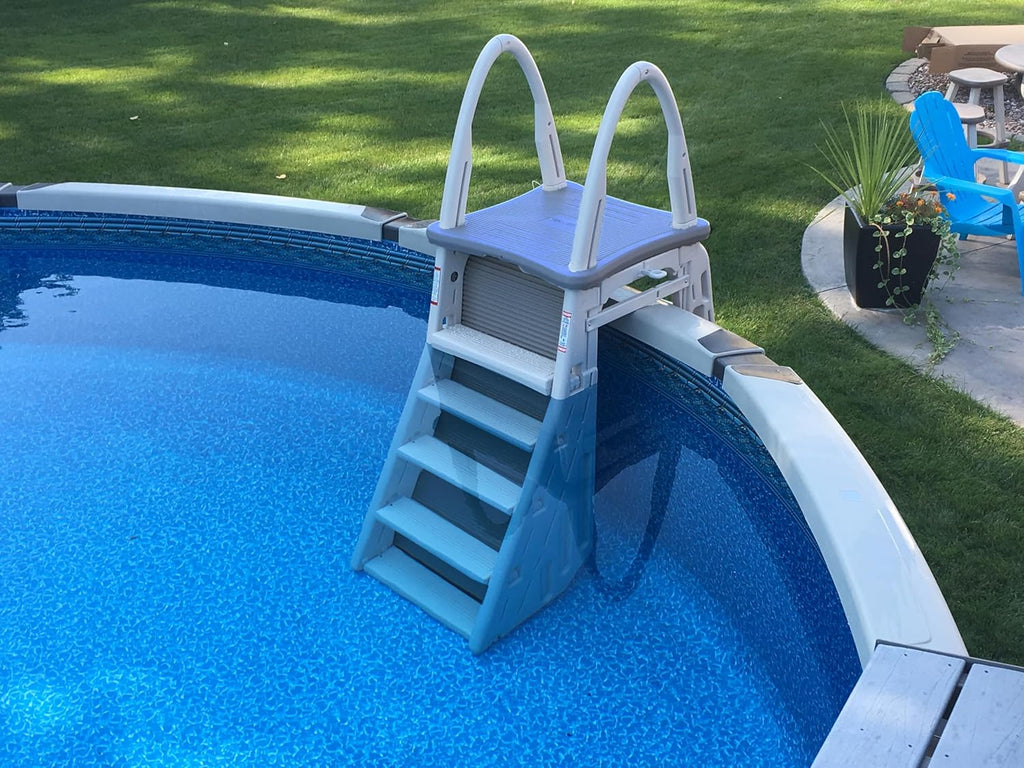 Confer Plastics 7200 Roll Guard 48" to 56" Adjustable A Frame Safety Ladder for Above Ground Outdoor Patio Swimming Pool Platform Ladder with Step Barrier, Warm Grey��