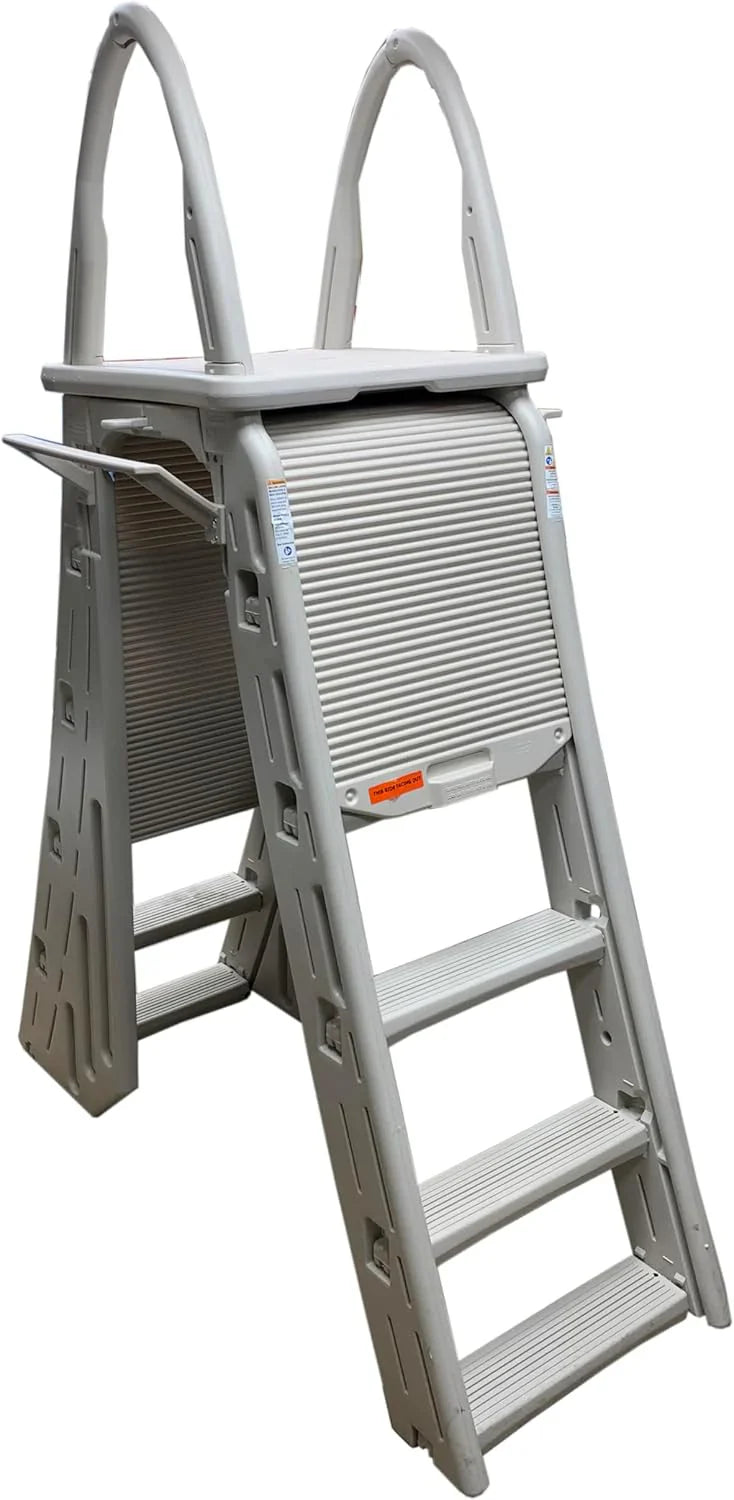 Confer Plastics 7200 Roll Guard 48" to 56" Adjustable A Frame Safety Ladder for Above Ground Outdoor Patio Swimming Pool Platform Ladder with Step Barrier, Warm Grey��