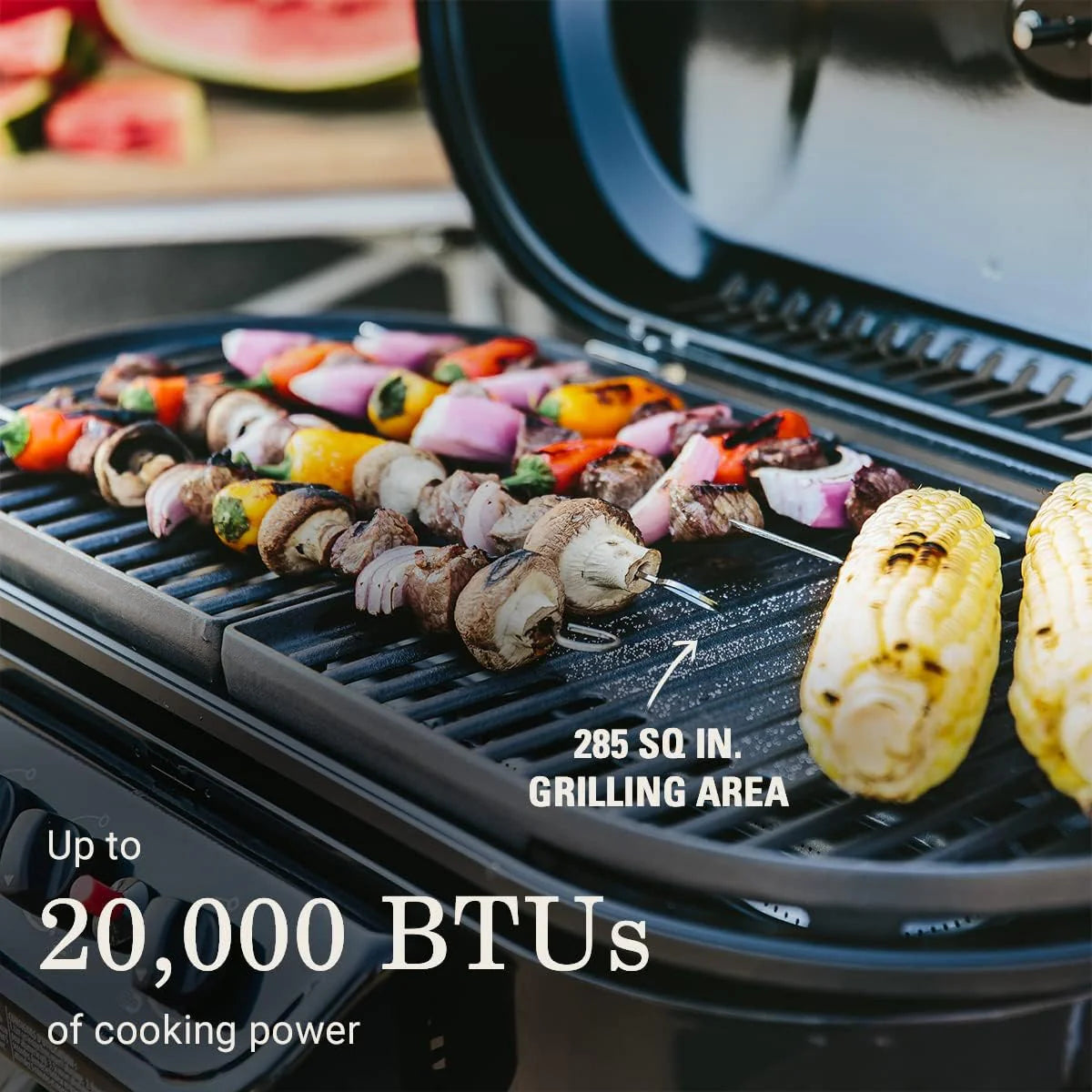 RoadTrip Portable Stand-Up Propane Grill with 3 Adjustable Burners & Instastart Ignition, 20,000 BTUs of Power for Outdoor Cooking