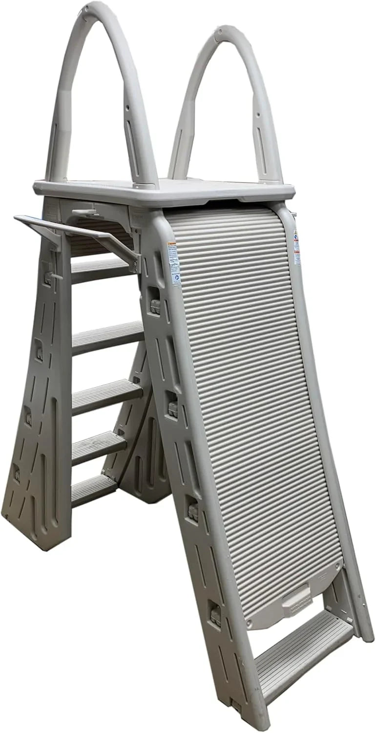 Confer Plastics 7200 Roll Guard 48" to 56" Adjustable A Frame Safety Ladder for Above Ground Outdoor Patio Swimming Pool Platform Ladder with Step Barrier, Warm Grey��