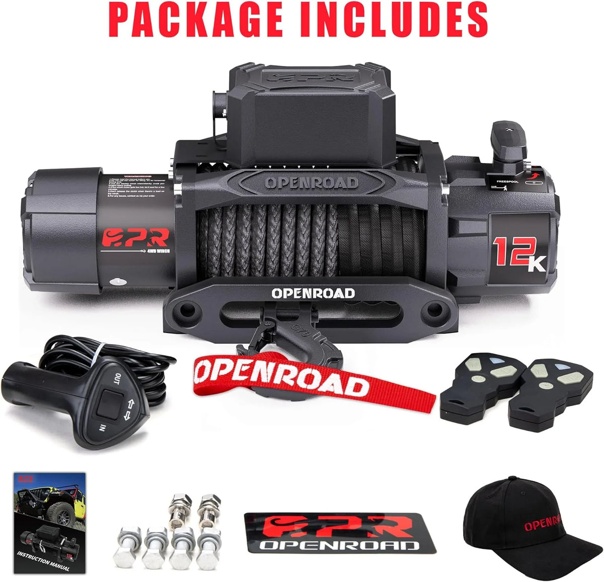 OPENROAD 12000lb Winch with Synthetic Rope & Wireless Remotes