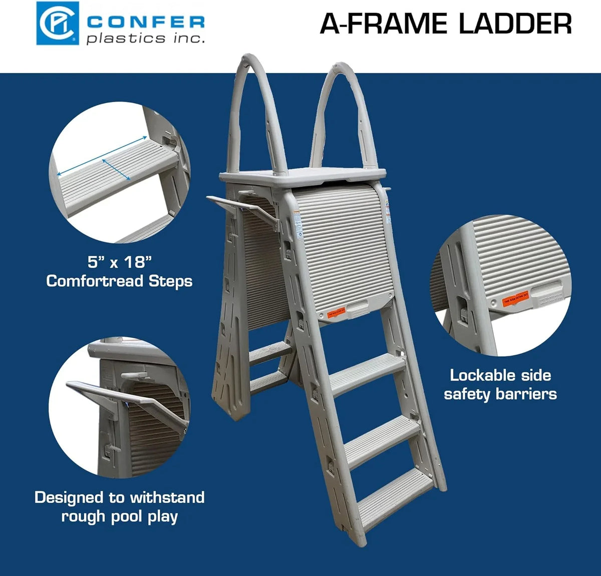Confer Plastics 7200 Roll Guard 48" to 56" Adjustable A Frame Safety Ladder for Above Ground Outdoor Patio Swimming Pool Platform Ladder with Step Barrier, Warm Grey��
