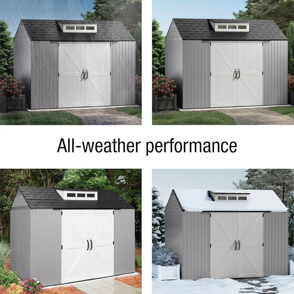 Rubbermaid Resin Outdoor Storage Shed With Floor (7 x 7 Ft) Weather Resistant Gray Organization for Home/Backyard/Garden Tools/Lawn Mower/Bike Storage/Pool Supplies