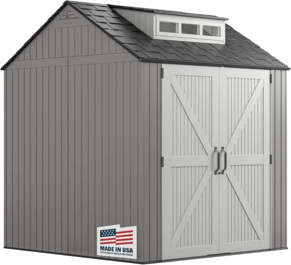 Rubbermaid Resin Outdoor Storage Shed With Floor (7 x 7 Ft) Weather Resistant Gray Organization for Home/Backyard/Garden Tools/Lawn Mower/Bike Storage/Pool Supplies
