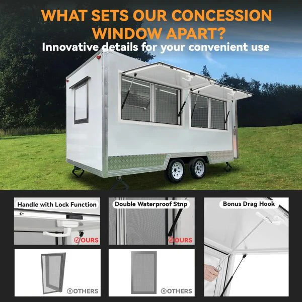 Concession Window 36W x 36H Aluminum Alloy Food Truck Service Window with Sliding Screens & Awning Door, Hydraulic Lift, Locking Mechanism, Versatile for Catering