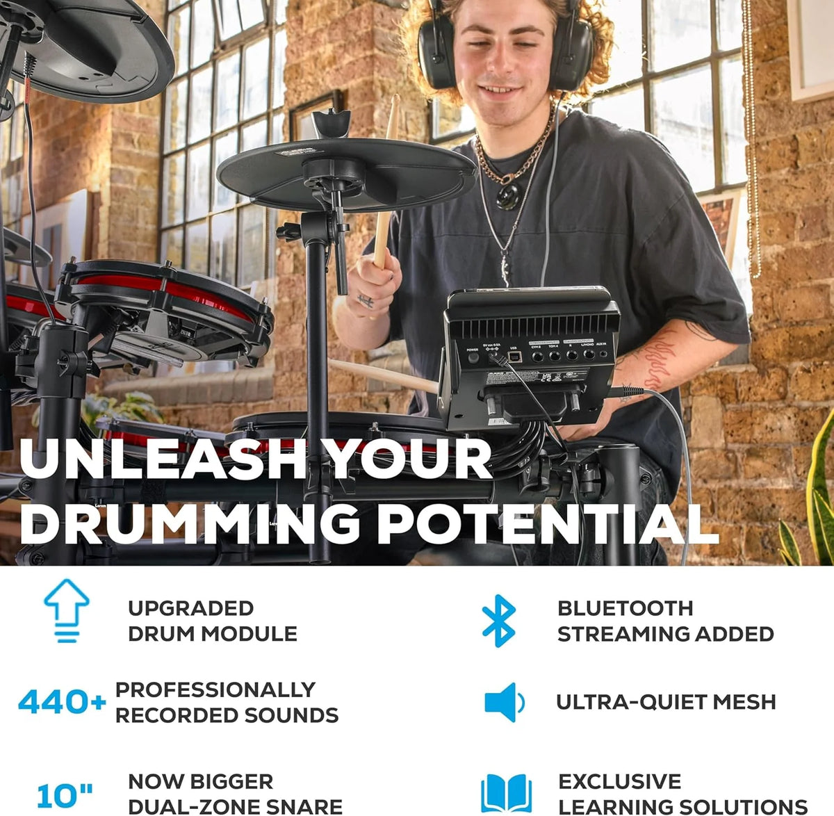 Nitro Max Electric Drum Set with Mesh Pads & Bluetooth