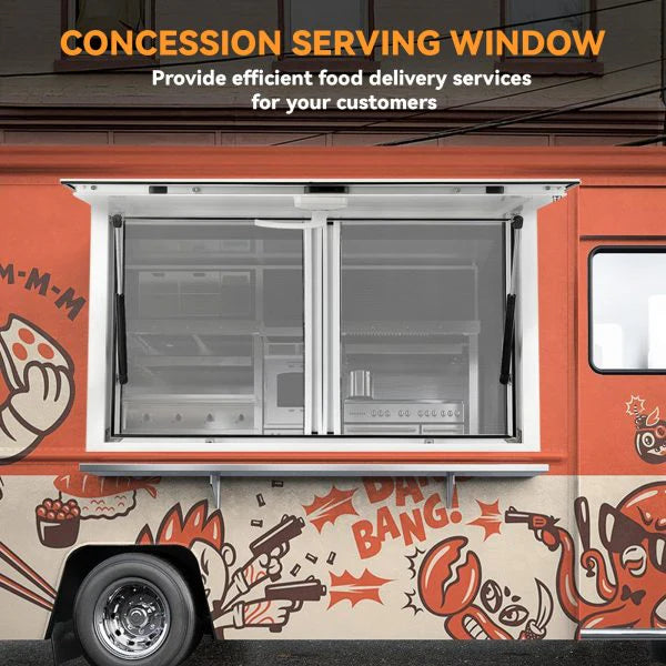 Concession Window 36W x 36H Aluminum Alloy Food Truck Service Window with Sliding Screens & Awning Door, Hydraulic Lift, Locking Mechanism, Versatile for Catering