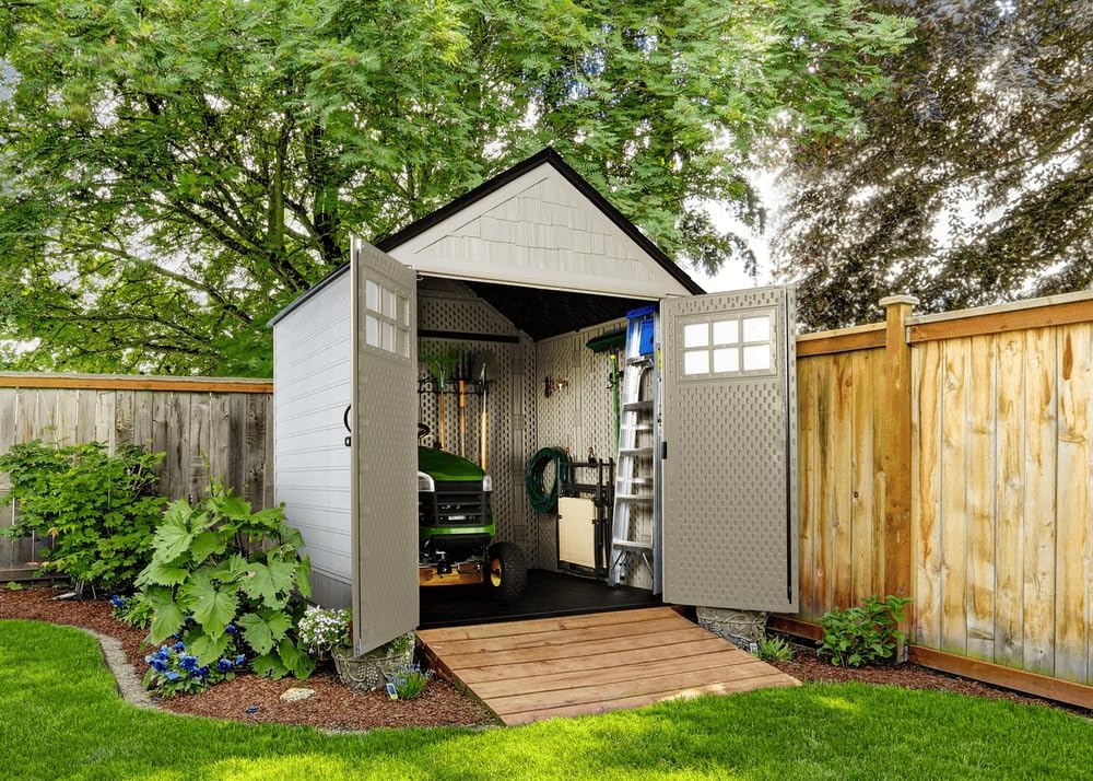 Rubbermaid Resin Outdoor Storage Shed With Floor (7 x 7 Ft) Weather Resistant Gray Organization for Home/Backyard/Garden Tools/Lawn Mower/Bike Storage/Pool Supplies